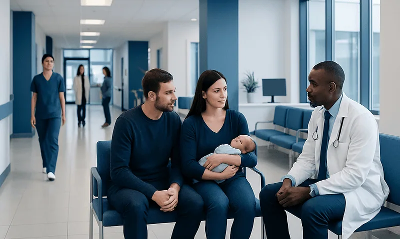 Family with newborn in hospital waiting area at Acibadem Hospitals Group.