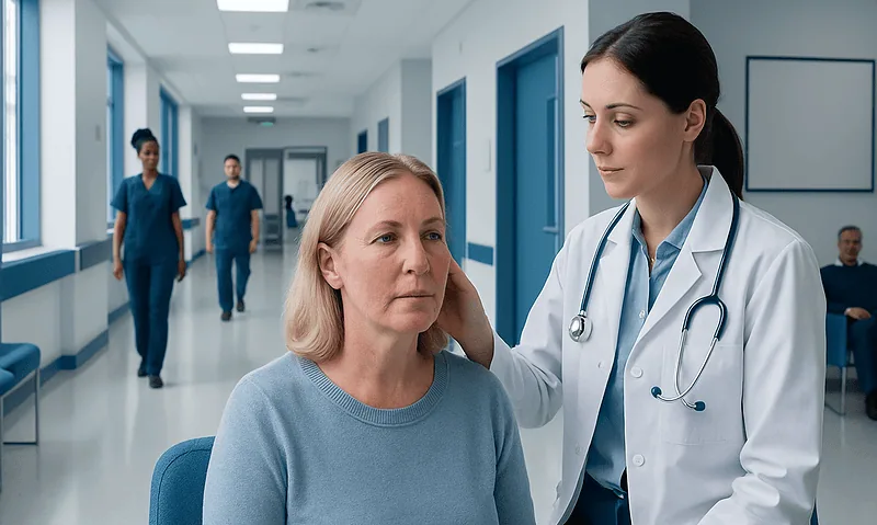 Doctor examining a patient's ear in a hospital corridor.