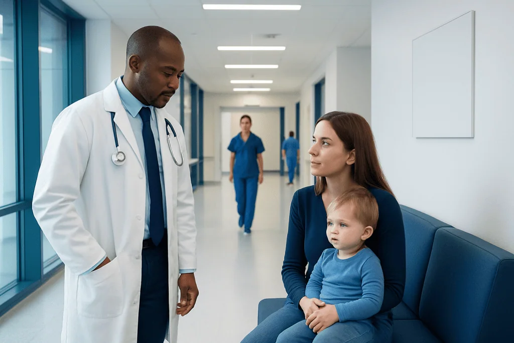 Roseola Virus Treatment: How It Works, Results and What to Expect 1 Doctor talking to mother and child in hospital corridor.