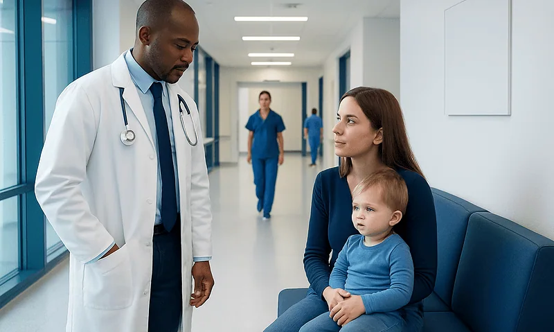 Doctor talking to mother and child in hospital corridor.