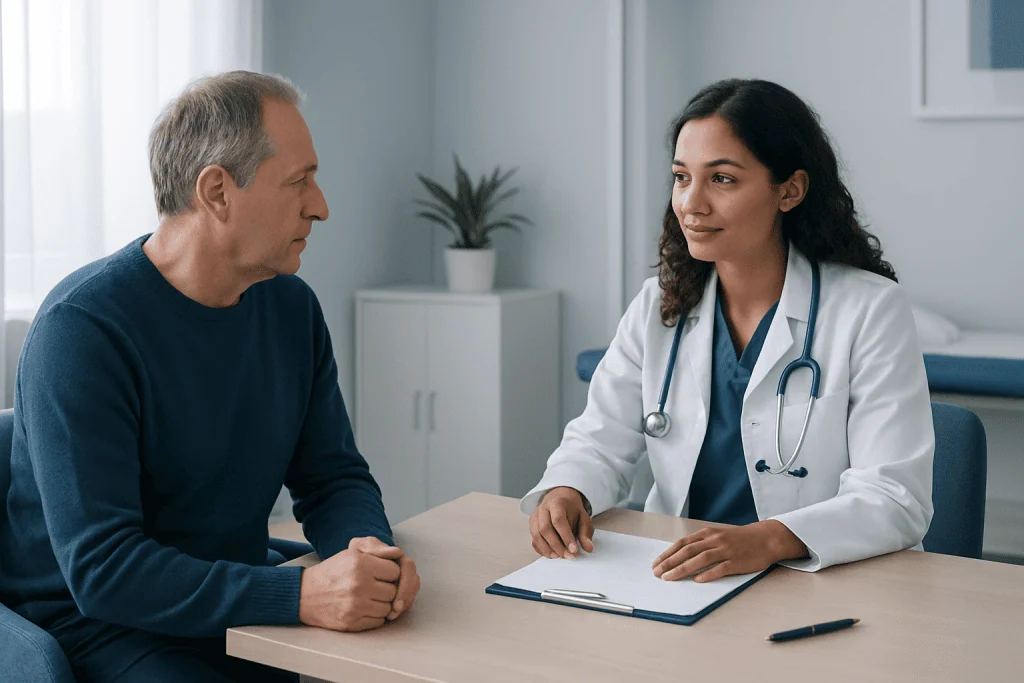 Doctor consulting with a patient in a modern clinic setting.