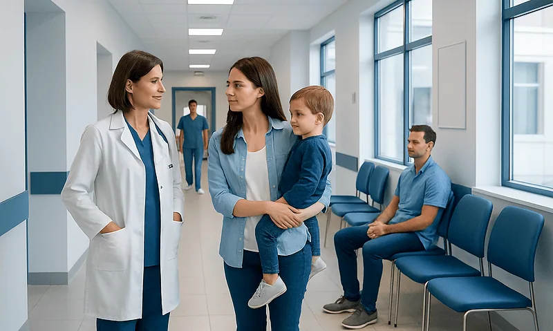 Doctor talking to mother and child in hospital corridor.