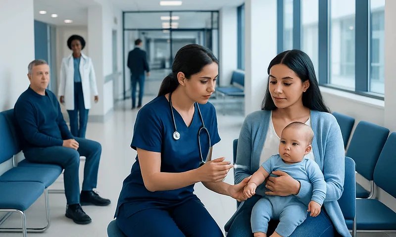 Pediatric consultation at Acibadem Hospital with nurse and mother holding baby.