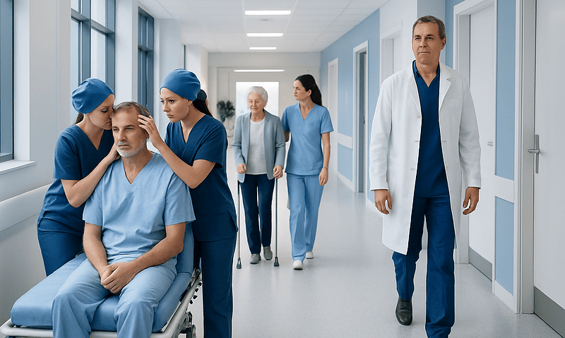 Medical team caring for patient in hospital corridor with doctor and visitors.
