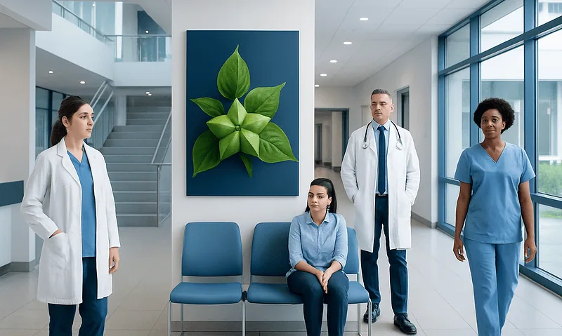 Medical team with patient in hospital corridor with green plant artwork.