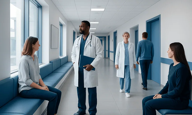 Doctor consulting female patient in hospital corridor.