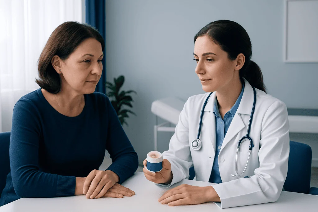 Doctor explaining medication to a patient in a clinic setting.