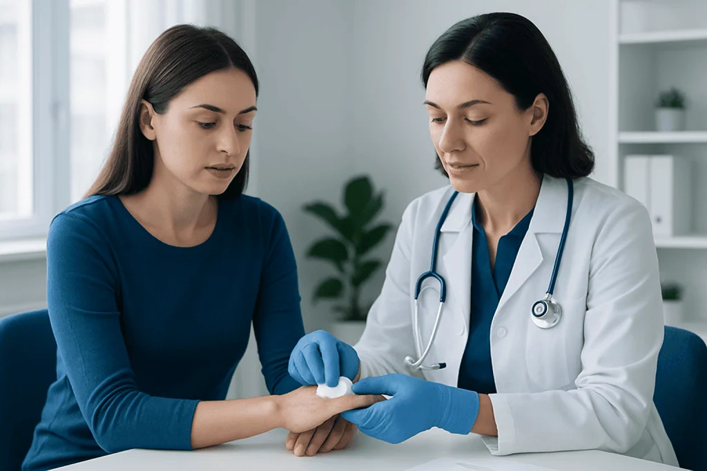 Doctor treating patient's hand in a medical consultation setting.