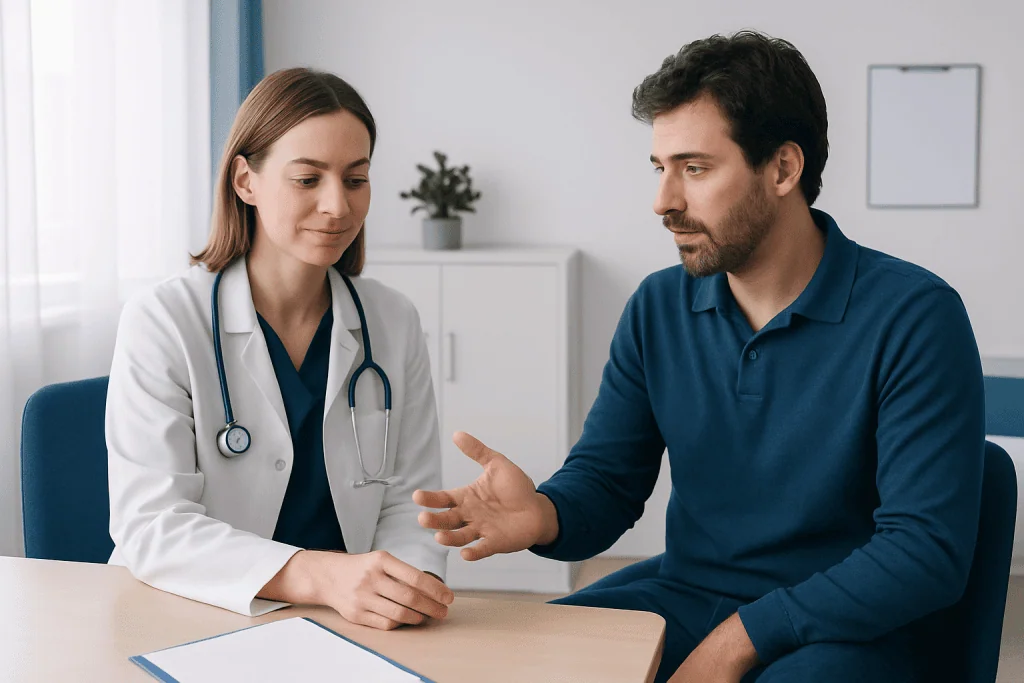 Doctor consulting with a patient in a medical office setting.