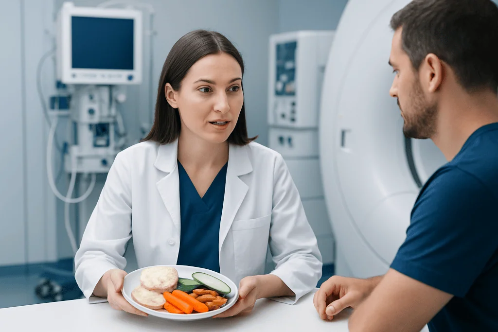 Doctor discussing gluten-free snacks with patient in medical setting.
