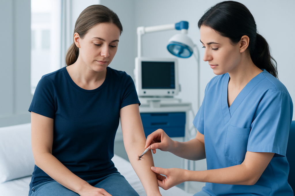 Medical professional administering a vaccine or injection to a patient in a clinical setting.