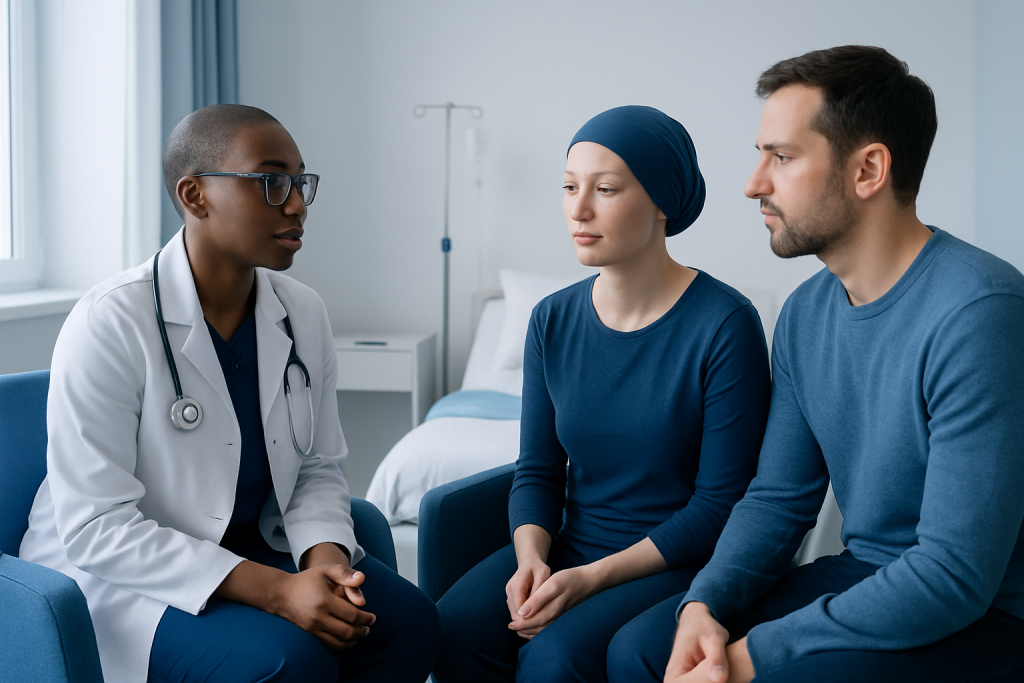 Doctor discussing treatment options with a cancer patient and her partner.