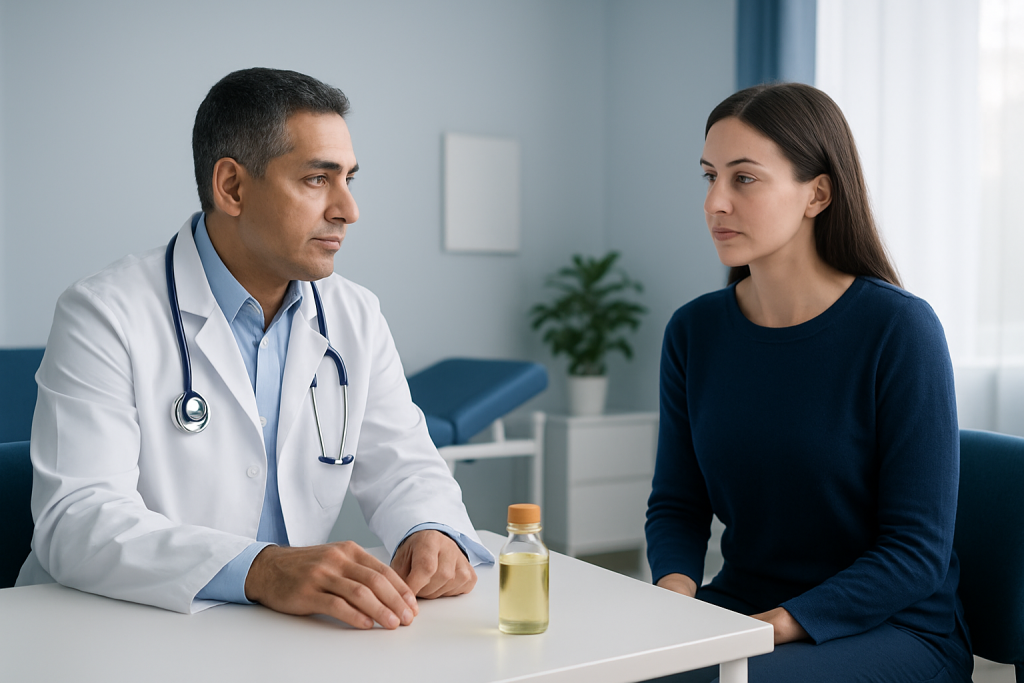 Doctor consulting a patient in a medical office with lemongrass oil on the table.