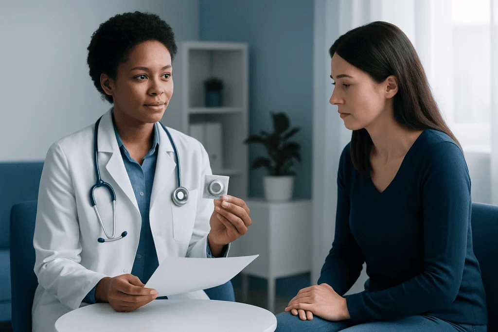 Doctor explaining medical information to a patient in a consultation room.