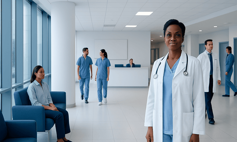 Diverse medical team in modern hospital lobby with a doctor in foreground.