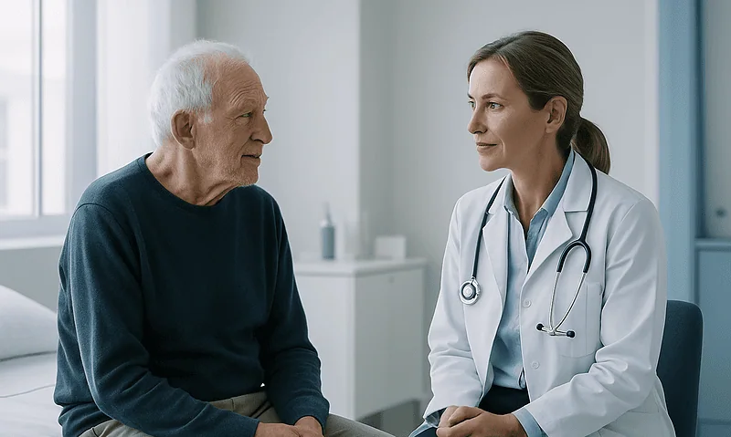 Doctor consulting with elderly patient in a medical office setting.