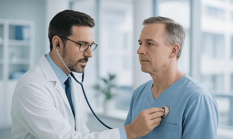 Doctor examining a patient with a stethoscope in a hospital setting.