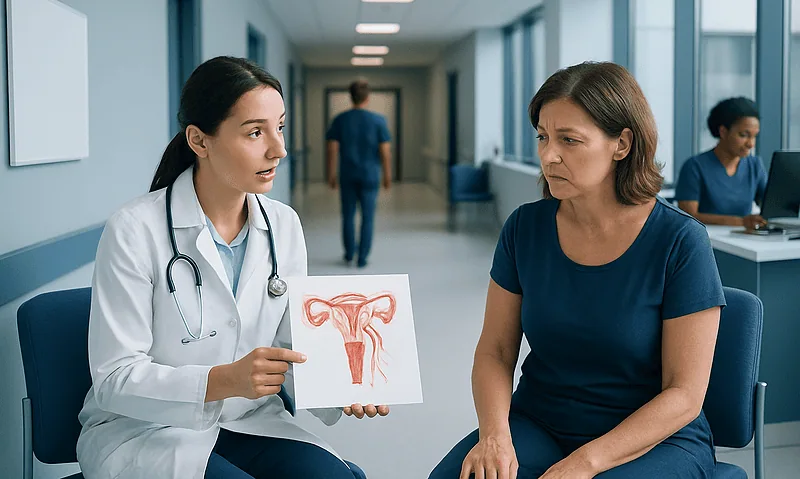 Gynecologist explains uterine health to patient in hospital corridor.