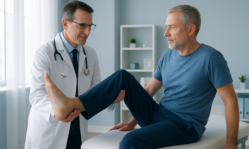 Doctor examining patient's leg in a medical consultation room.
