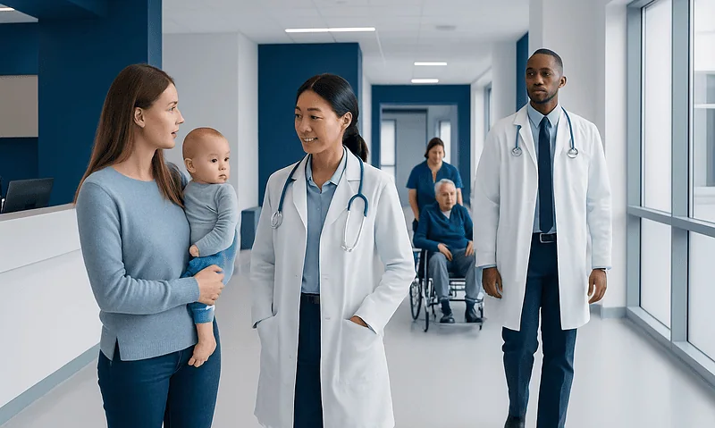 Medical team consulting with a mother and her baby in a hospital corridor.
