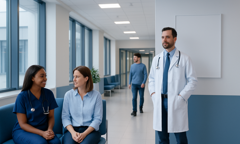 Doctor talking to two female patients in a hospital corridor.