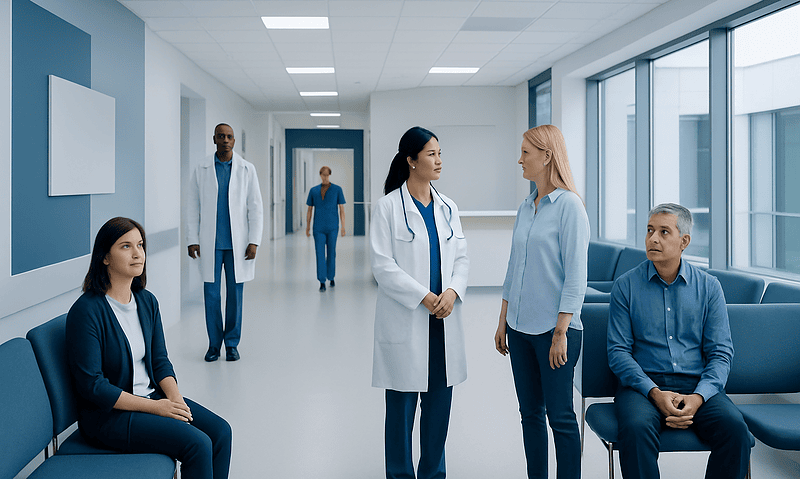 Screening Grid: How It Works, Results and What to Expect 13 Medical professionals and patients in a modern hospital corridor.