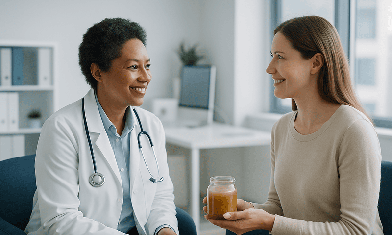 Doctor and patient discussing health benefits of sea moss in a medical office.