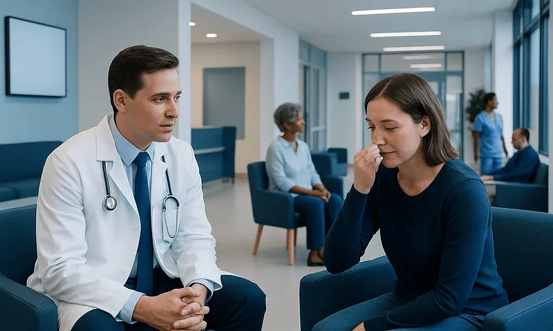Doctor consulting a patient in a modern hospital waiting area.