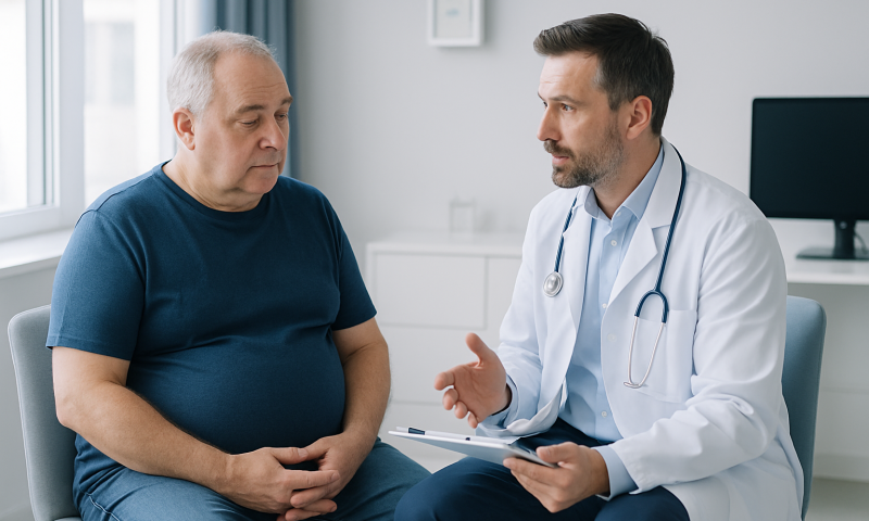 Doctor consulting with an elderly male patient in a medical office.
