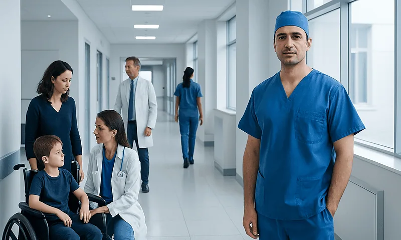 Medical team and patient in hospital corridor, healthcare professionals in scrubs and a child in a w.