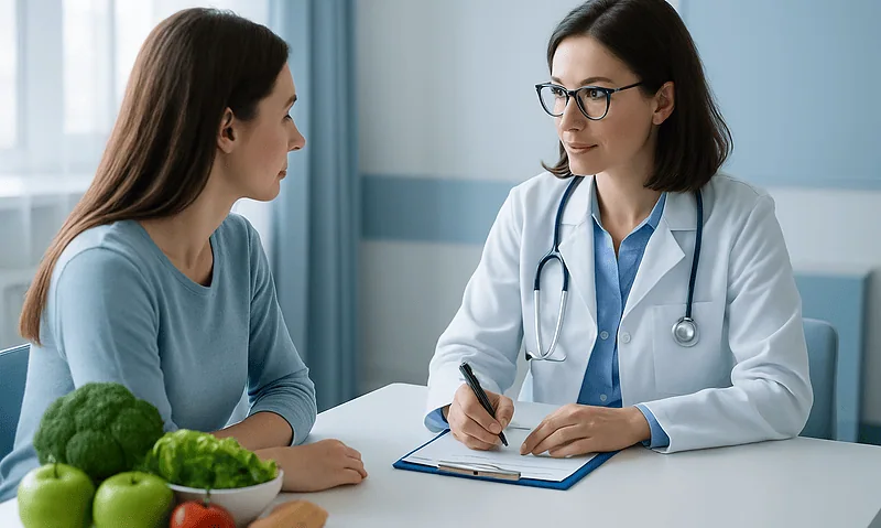 Doctor consulting with a young female patient in a medical office.
