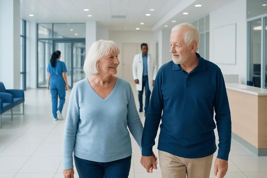Senior Sex: What Patients Need to Know 1 Elderly couple walking hand in hand in a hospital corridor.