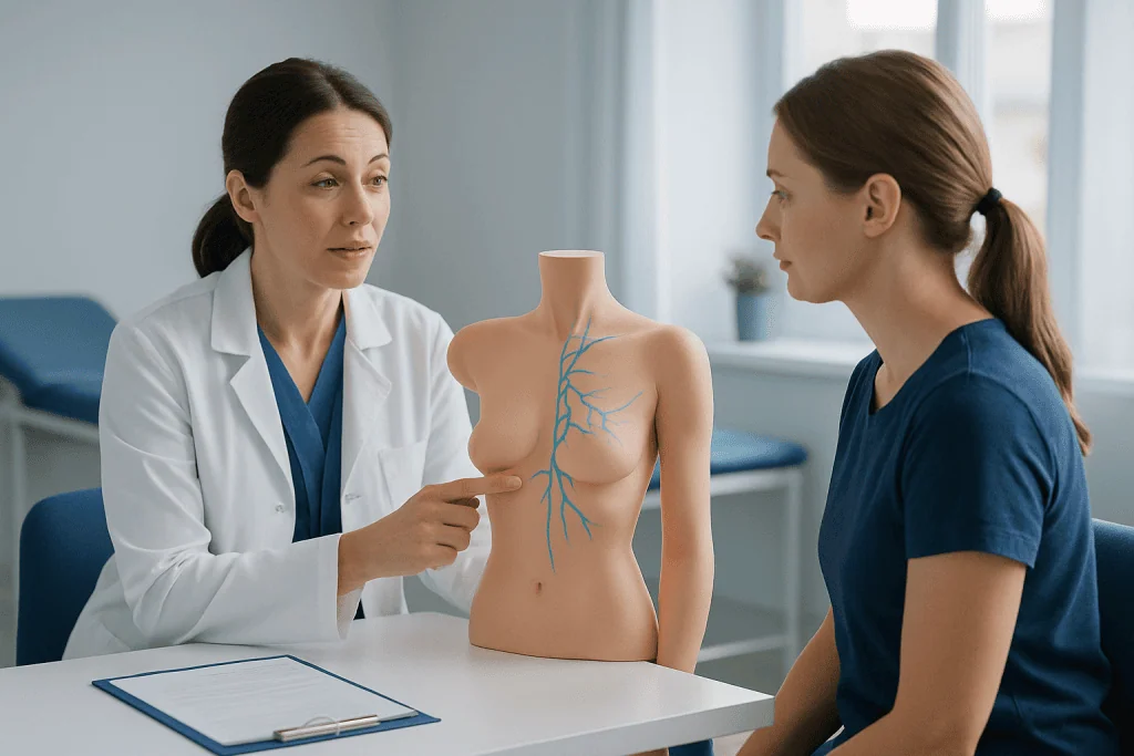 Medical professional explains lymphatic system to patient using a breast model.