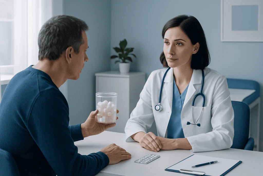 Doctor consulting with patient about medication in a clinical setting.