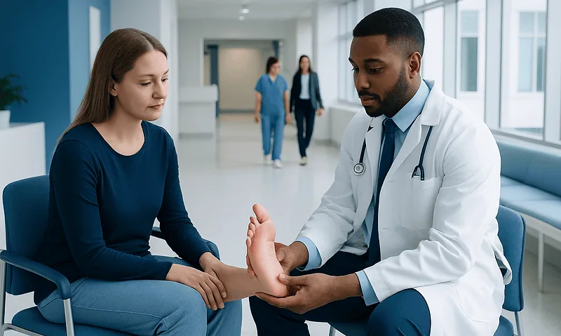 Doctor examining patient's foot in a hospital corridor.
