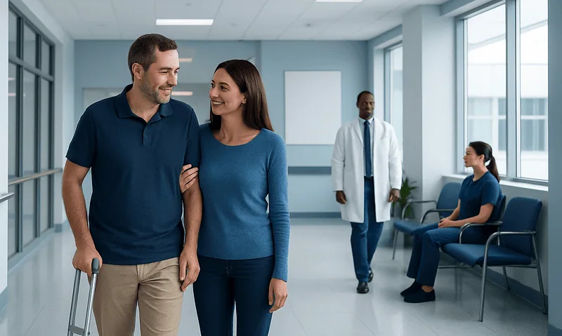 Happy couple walking in hospital corridor after hip replacement consultation.