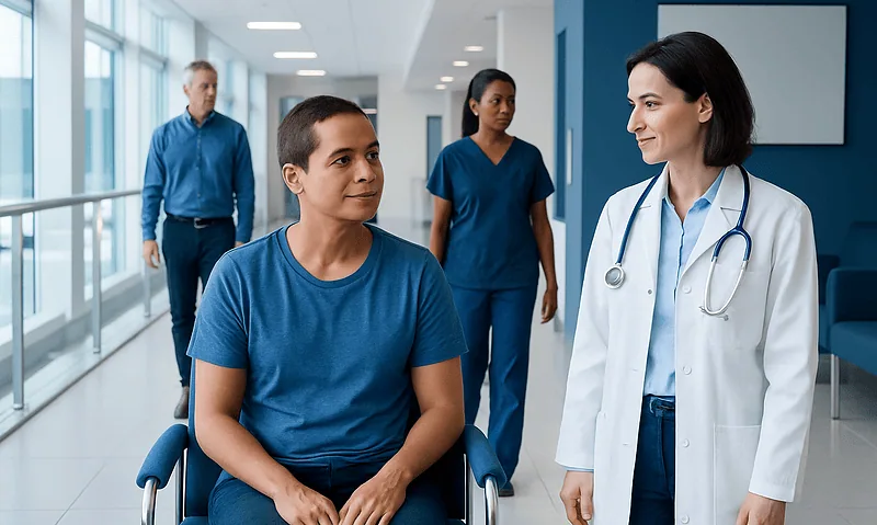 Patient in wheelchair consulting with doctor in hospital corridor.