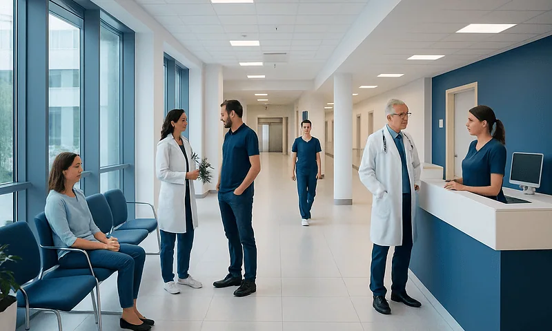 Medical staff and patient in a hospital corridor at Acibadem Hospitals Group.