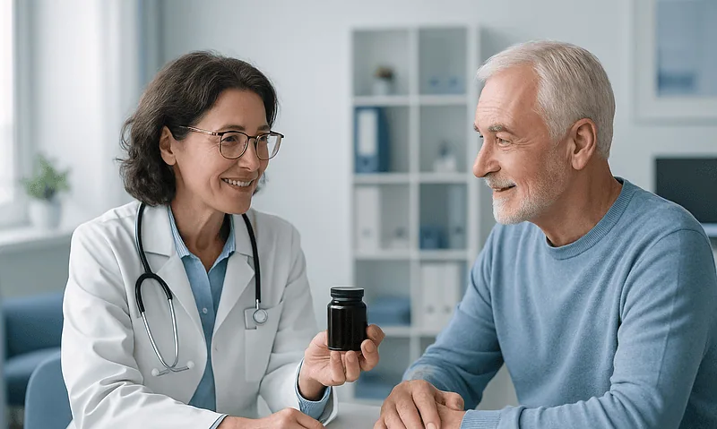 Doctor consulting with elderly patient about supplement bottle in clinic.