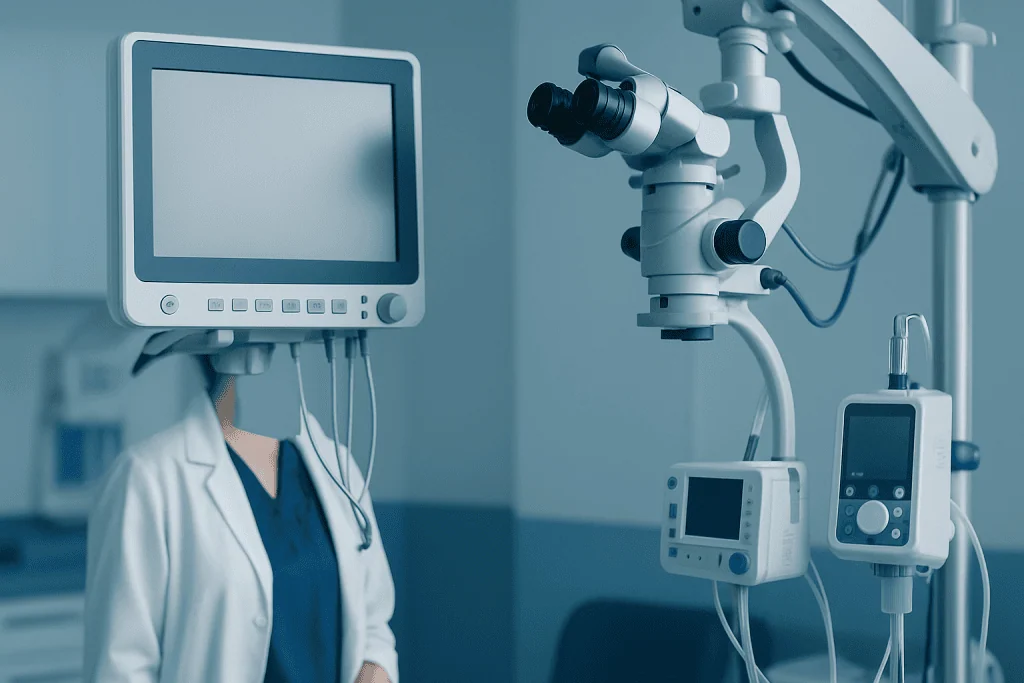 Medical professional using advanced surgical equipment in a hospital setting.
