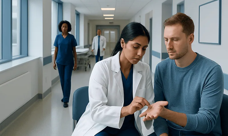 Doctor examining patient's hand in hospital corridor.