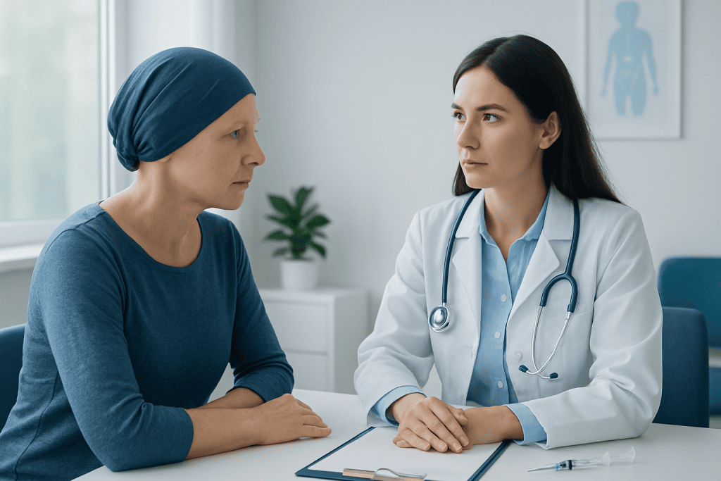 Doctor consulting with a female patient in a medical office.