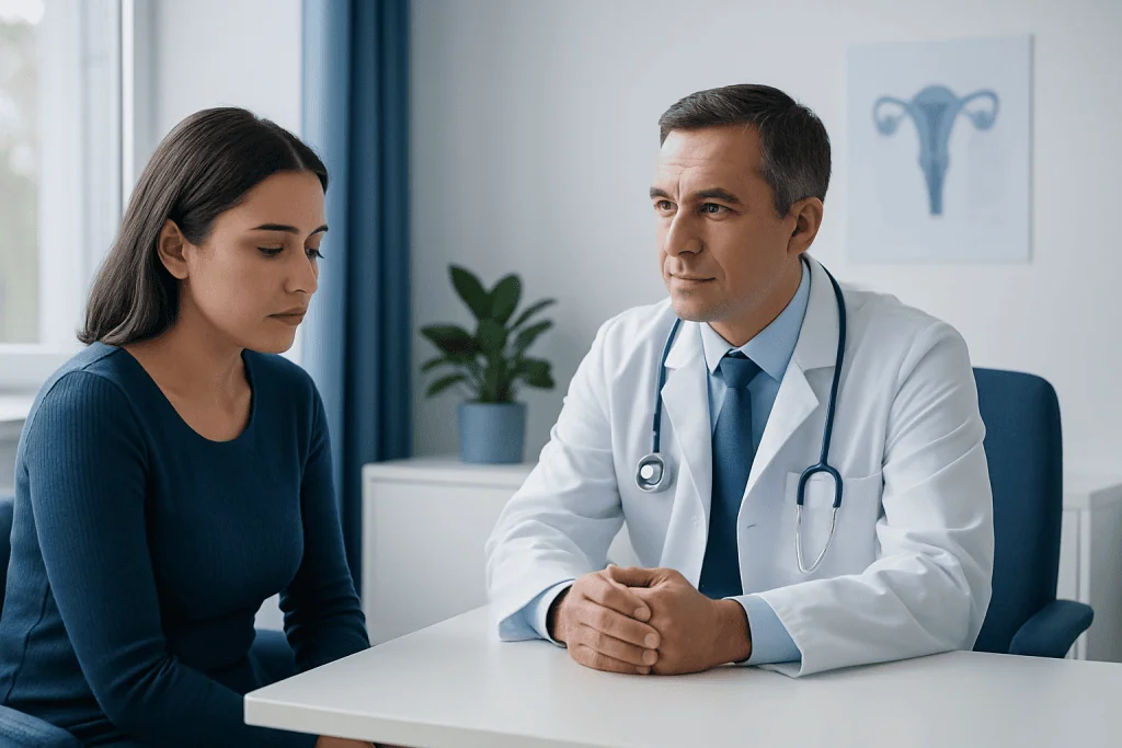 Gynecologist consulting with a patient in a medical office.