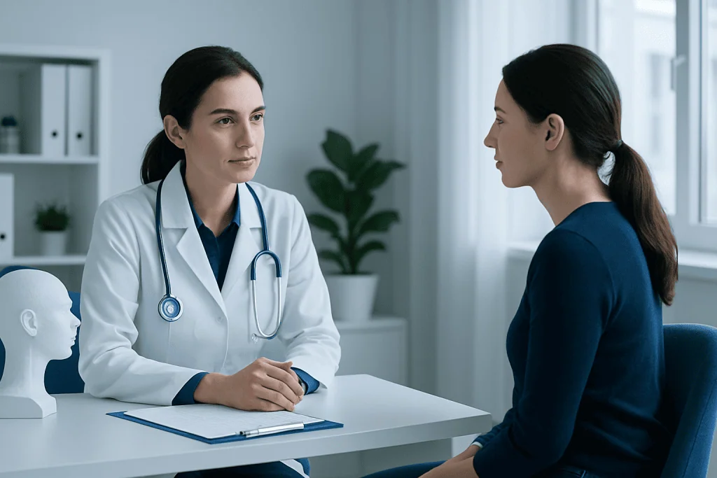 Doctor consulting with patient in a medical office setting.