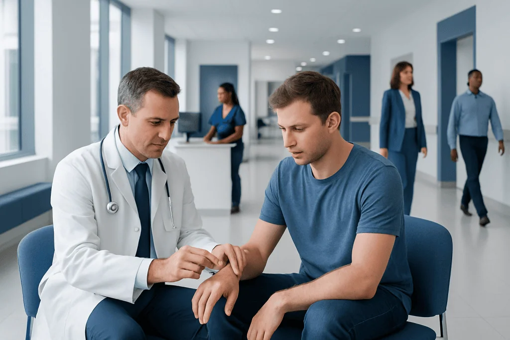 Should You Burst Blisters From Burns? A Doctor-Reviewed Answer 1 Doctor examining patient's wrist in a hospital corridor.