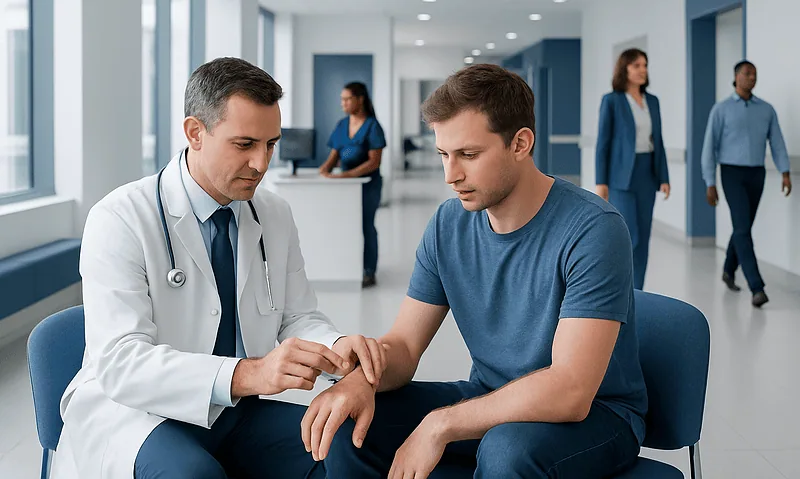 Doctor examining patient's wrist in a hospital corridor.