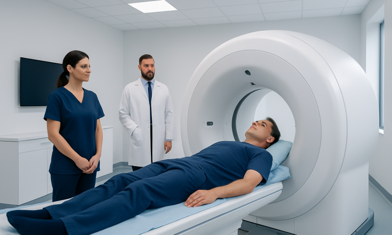 Patient undergoing MRI scan in a modern medical facility.