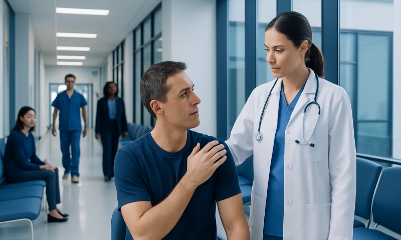 Doctor examining a patient with shoulder pain in hospital corridor.