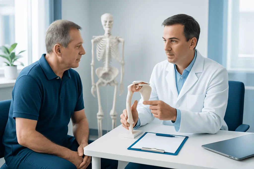 Orthopedic doctor explaining shoulder anatomy to patient in clinic.