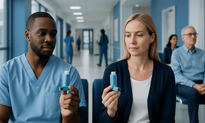 Medical professionals preparing inhalers in a hospital corridor.